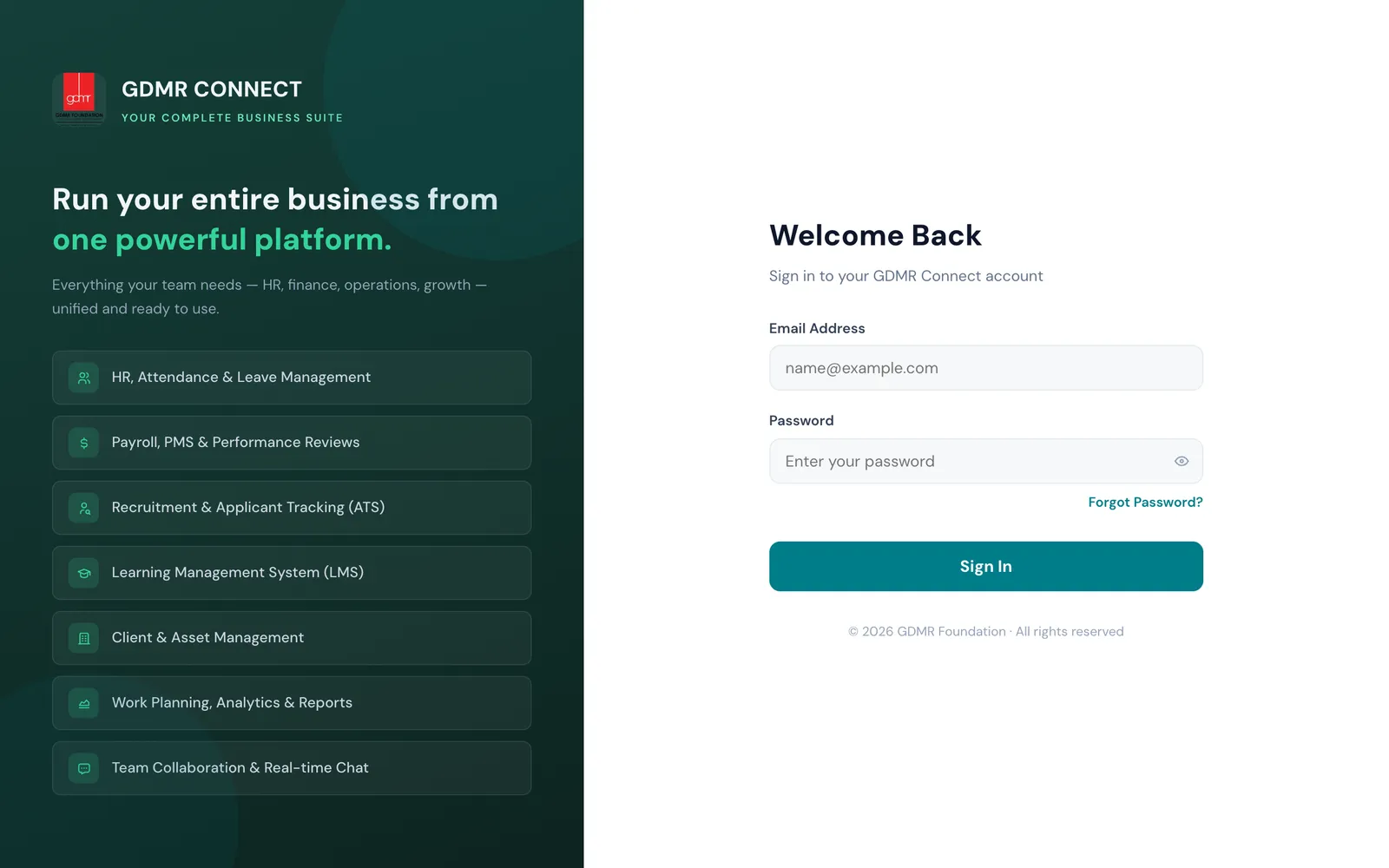 GDMR Connect business suite sign-in screen
