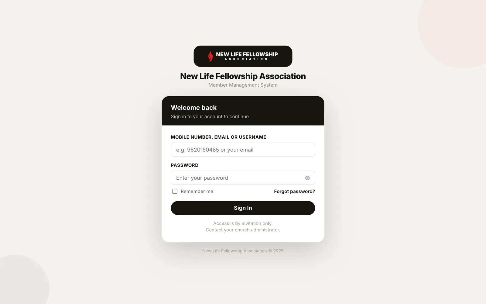 New Life Fellowship Association member management system sign-in screen